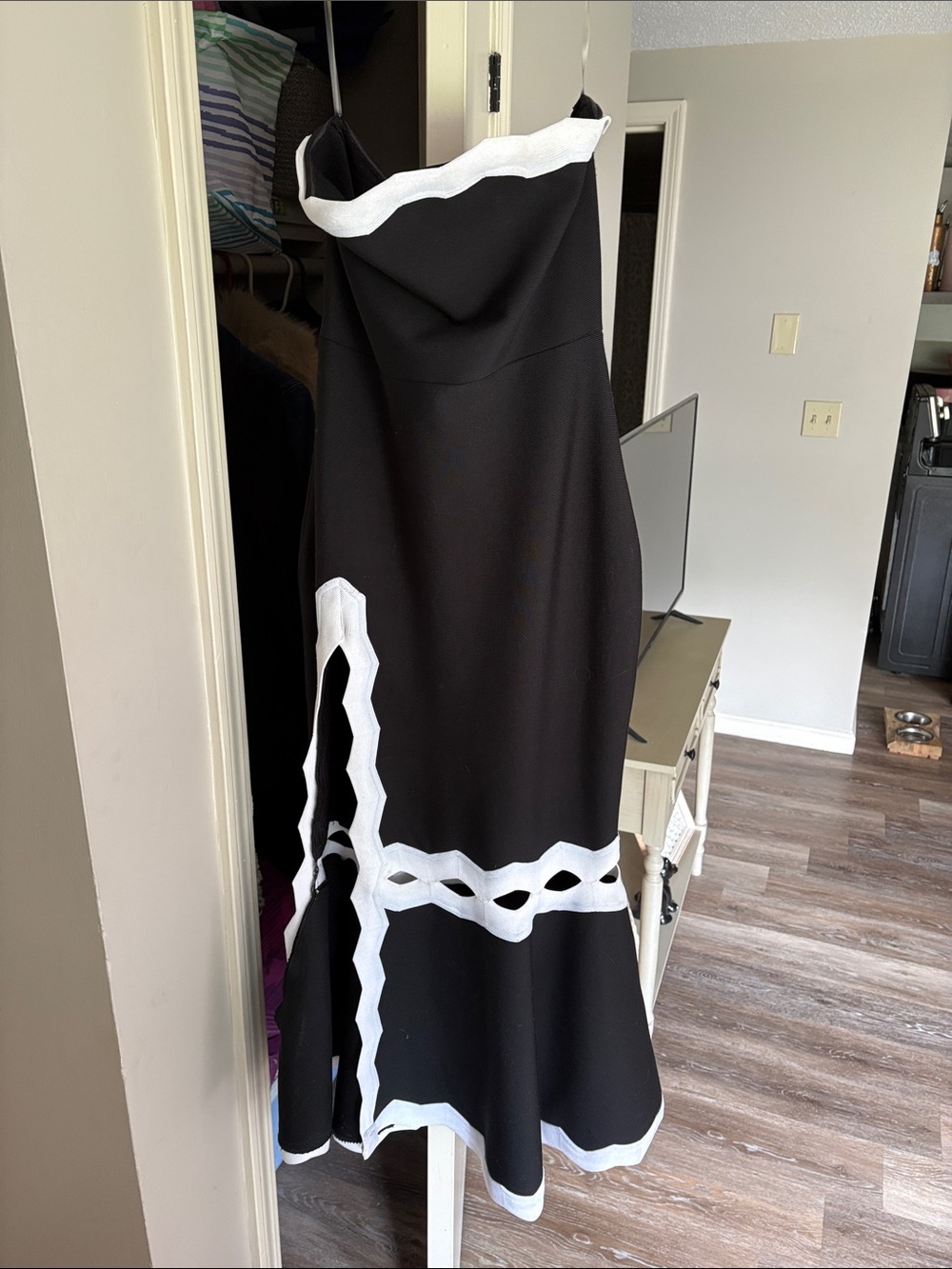 Black Strapless Midi Dress with White Trim